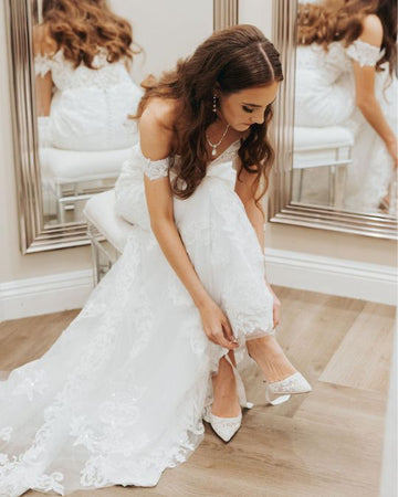 Bella Belle bride Lexi in Penelope ribbon lace ivory wedding heels