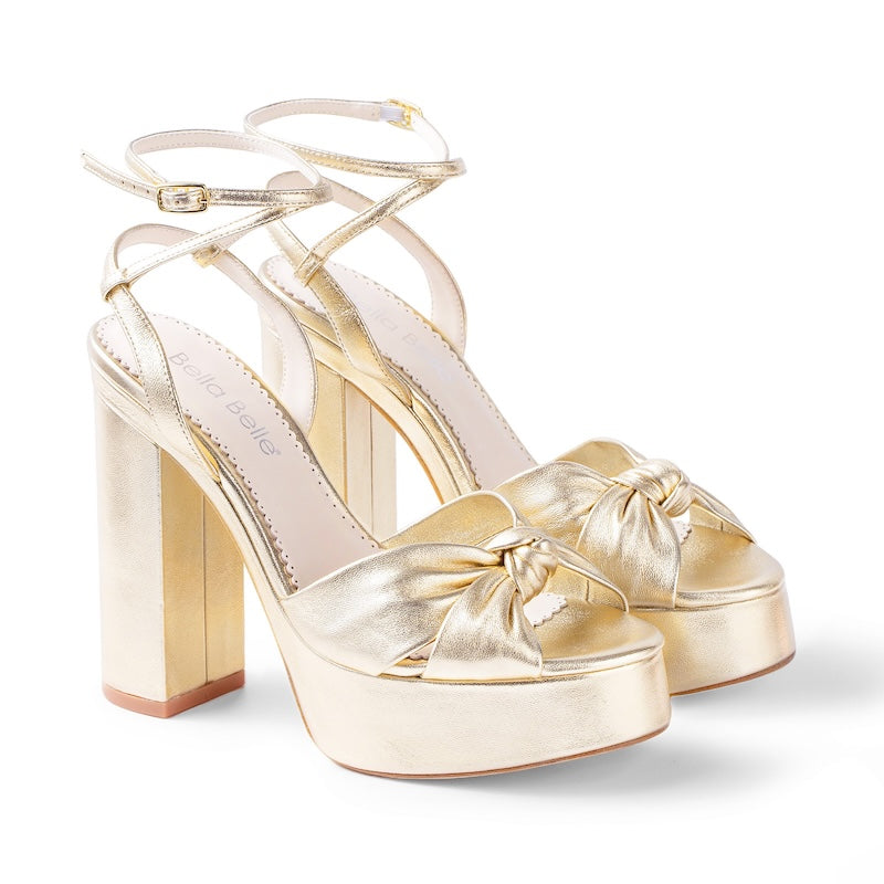 slim fit dress slacks Serafina Gold Platform Sandals