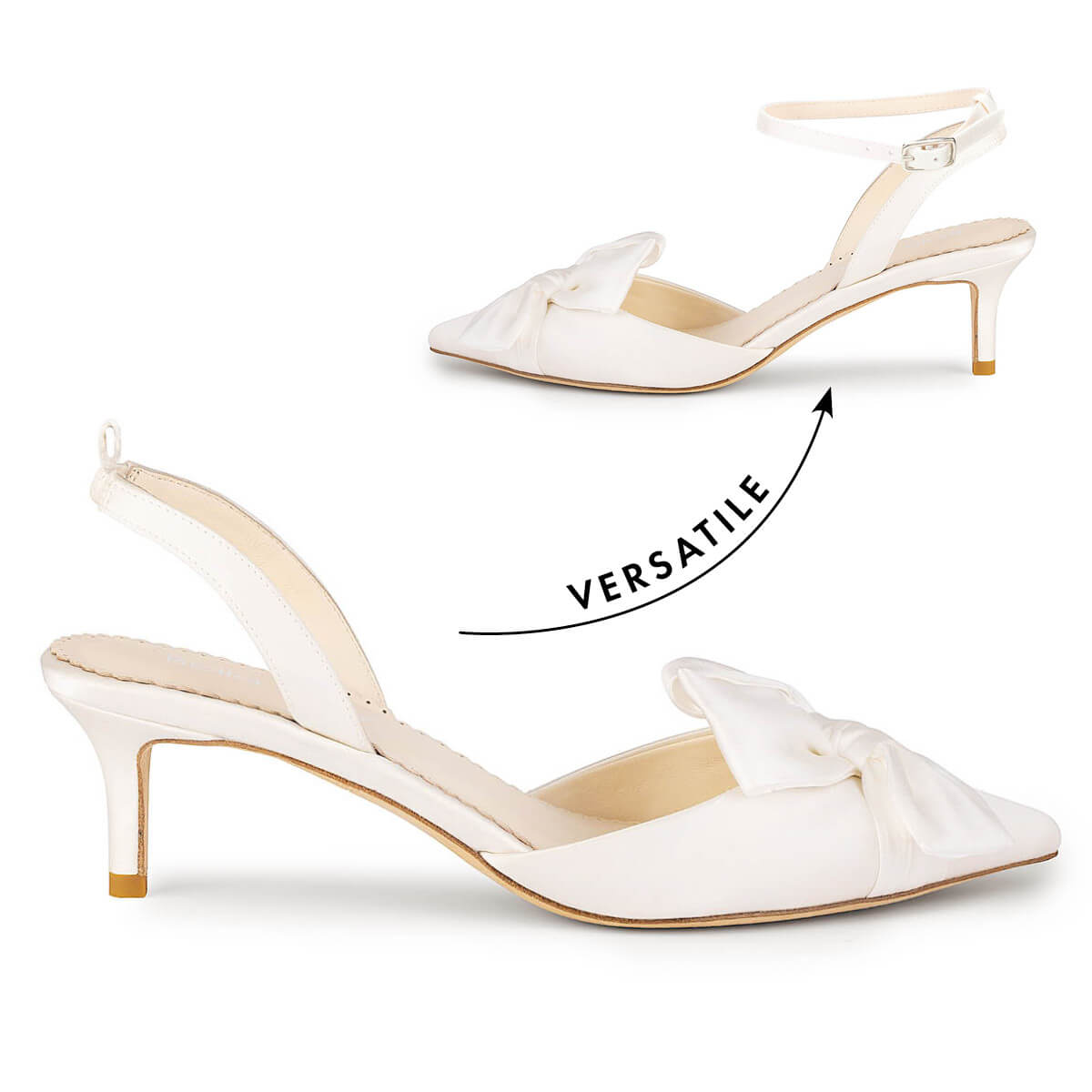 Ivory Slingback Kitten Heels with Bow Removable Ankle Strap