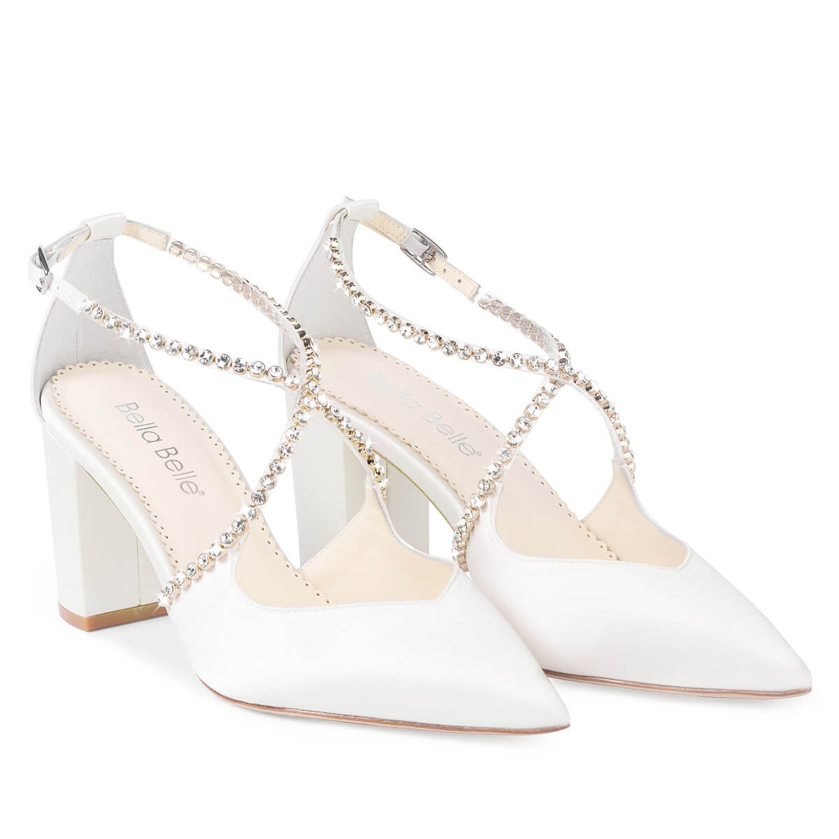 Ivory Block Heel With Criss Cross Crystal Straps