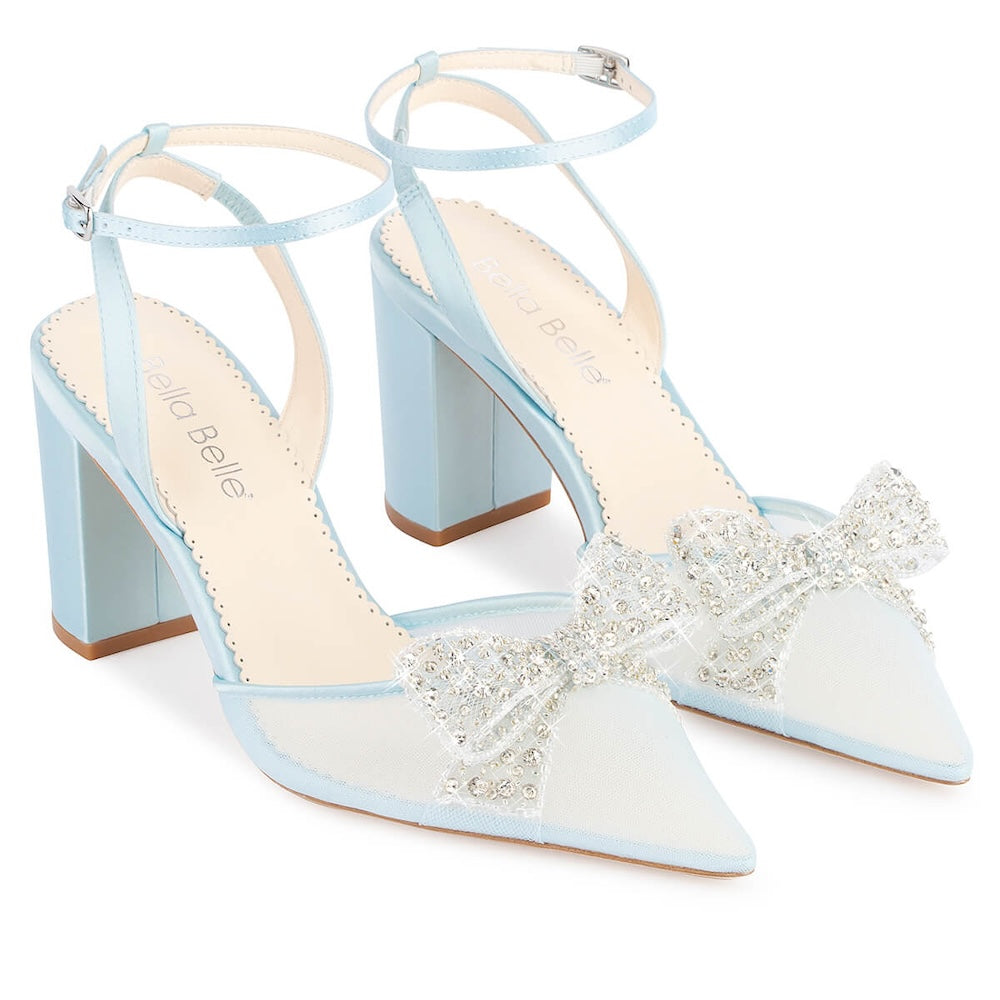 Crystal Bow Blue Block Heel Wedding Shoes | Bella Belle