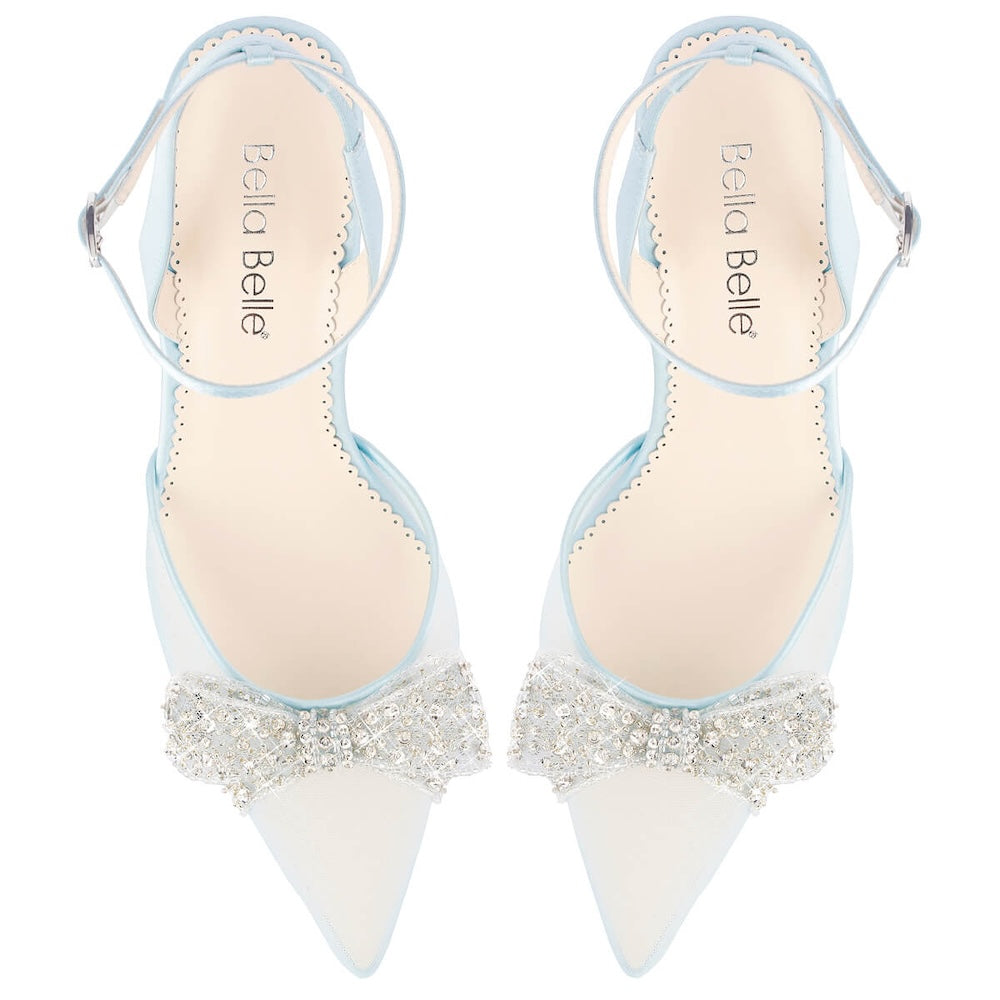 bella belle athena crystal bow blue block heel wedding shoes