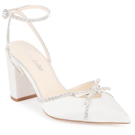 bella belle karissa ivory strappy block heels with crystal bows and ankle straps