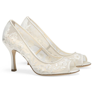 Bella Belle Shoes Emily Ivory Peep Toe Embroidered Lace Pump