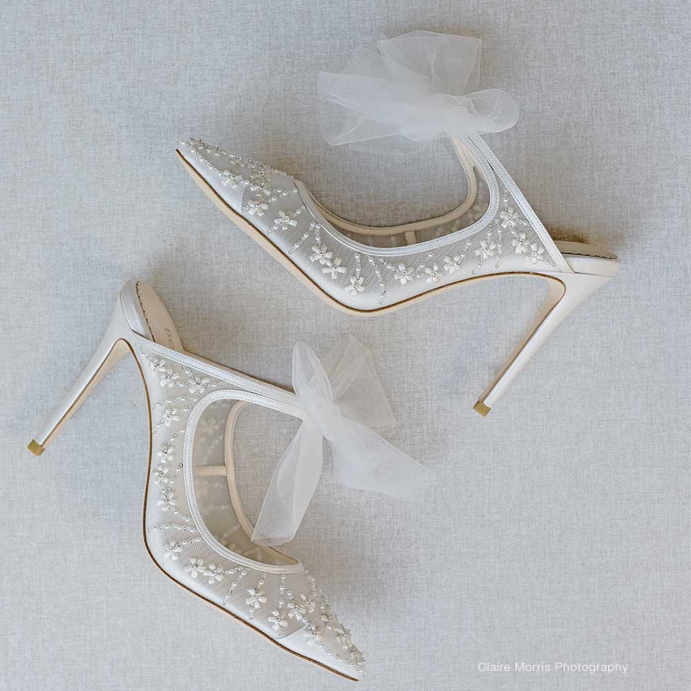 Bella Belle Eloise Embroidered Ivory Mules with Tulle Bow 3