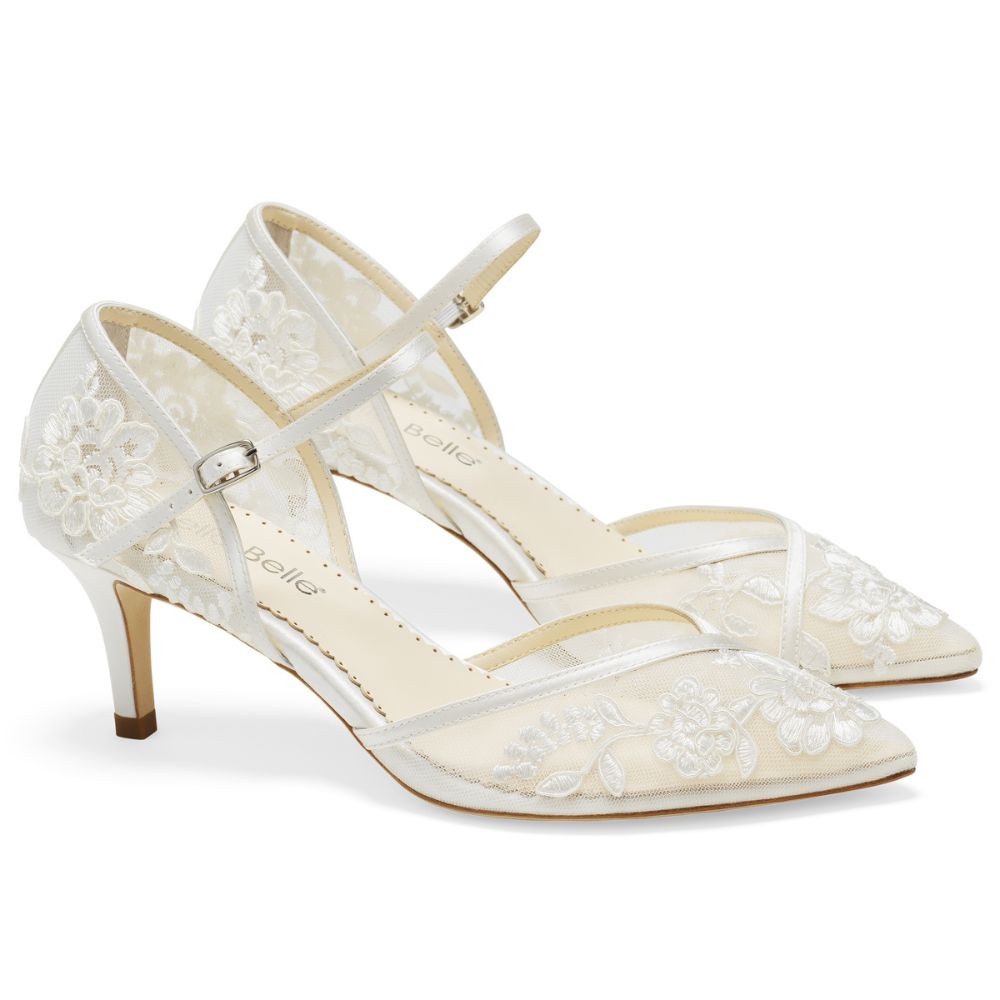 Lace Embroidered d’Orsay Low Heel Ivory Lace Wedding Shoes