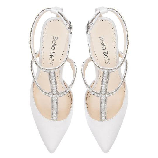 Bella Belle Shoes Carolina Silver Crystals and Ivory Luminous Pearl T-Strap Wedding Heel