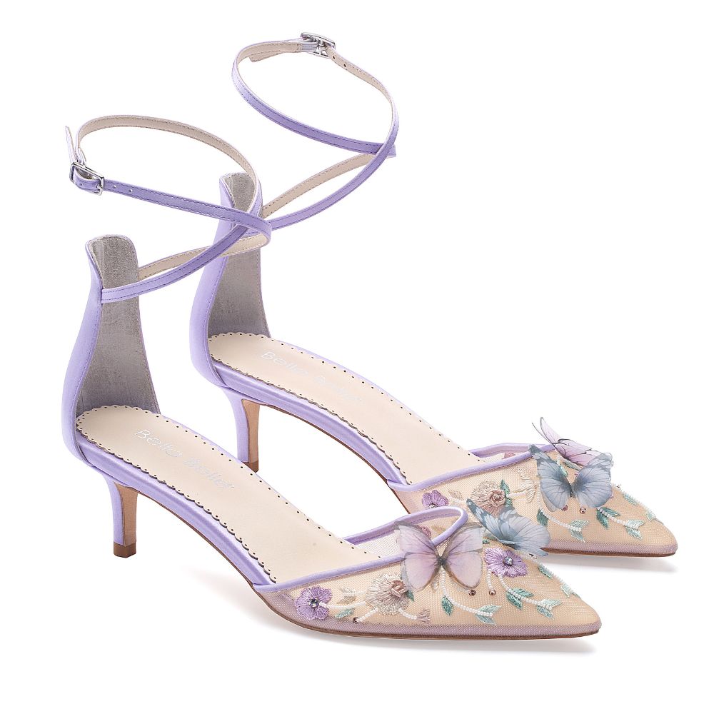Lavender Butterfly Kitten Heels with Embroidered Garden Motif