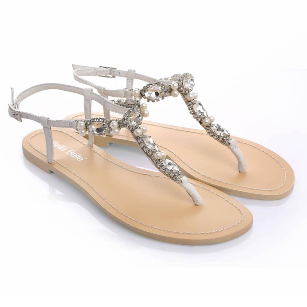 White Leather and Pearl Dressy Flat Sandals for Wedding