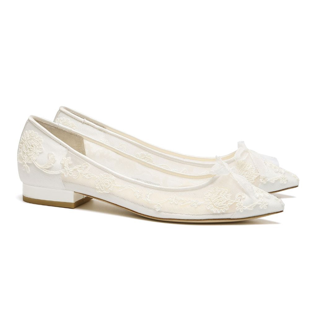 Floral Ivory Lace Flats for Brides with Petite Picot Ribbon