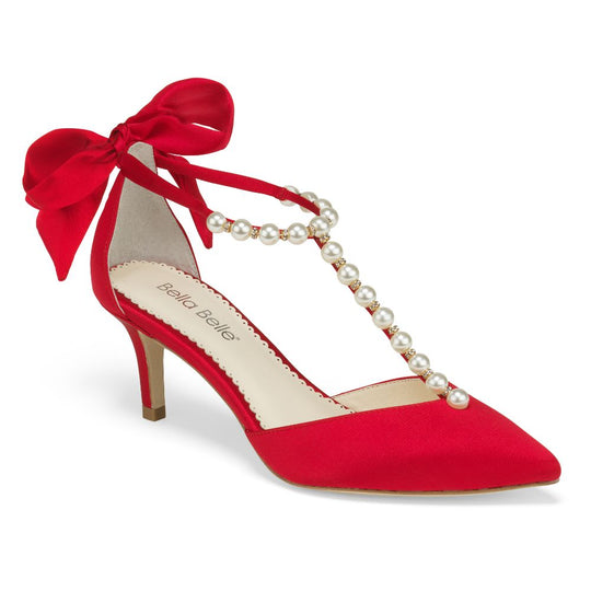 Bella Belle Shoes Lisa Pearls and Crystal Red Bow Kitten Heel