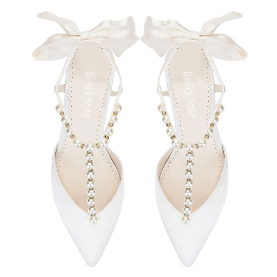 Bella Belle Shoes Lucia Luminous Pearls and Crystal Ivory Silk Bow Kitten Heel