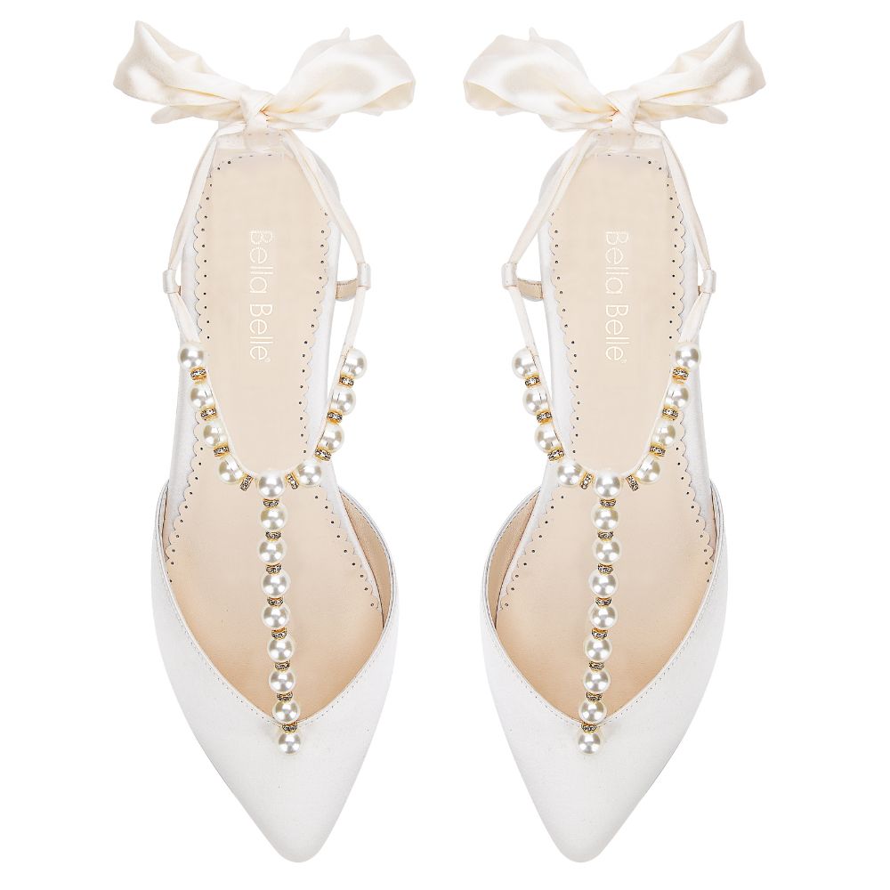 Bella Belle Shoes Lulu Luminous Pearls and Crystal Ivory Silk Bow Wedding Flats