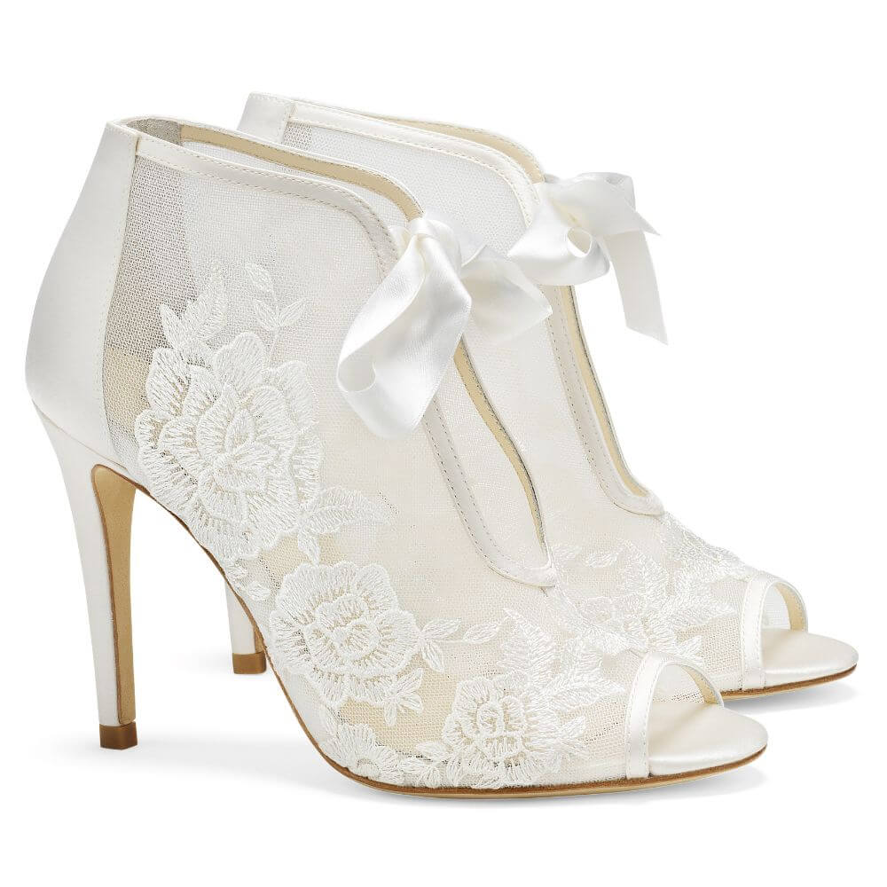 Lace Wedding Booties with Rose Appliqué on Illusion Mesh