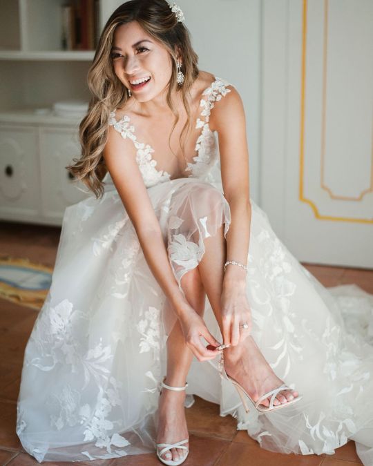 Bella Belle real bride Christine in Gardenia flower beaded ivory bridal heels.