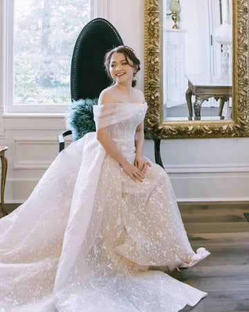 Bella Belle real bride Trung in Francesca lace tulle wedding shoes.