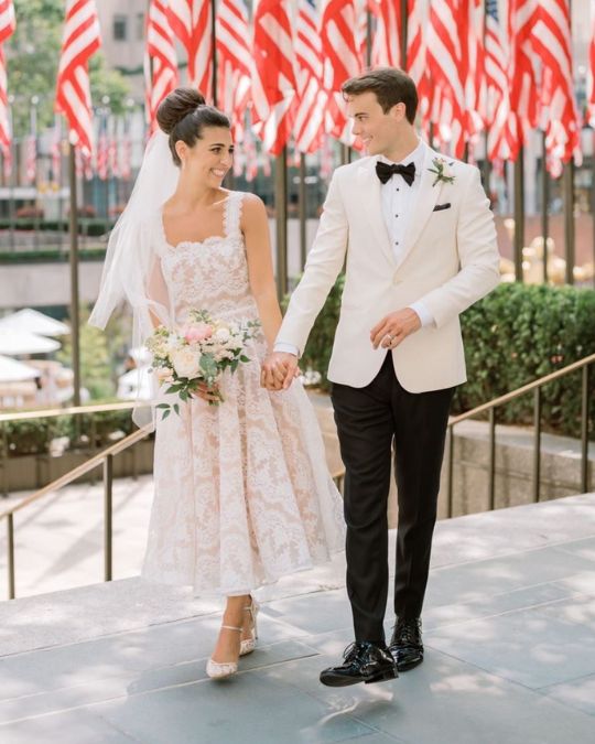 Bella Belle real bride Jaclyn paired Claudia nude lace wedding heels with a romantic lace dress.