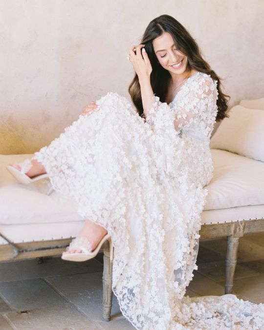 Bella Belle real bride Alyssa wore Bridget ivory heels with a romantic floral boho wedding dress.