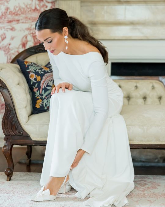 Bella Belle real bride Shurden in Reese ivory slingback wedding shoes with bows.