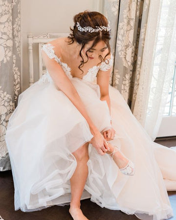 Bella Belle bride Amy looks like a princess in Amelia lace wedding kitten heels