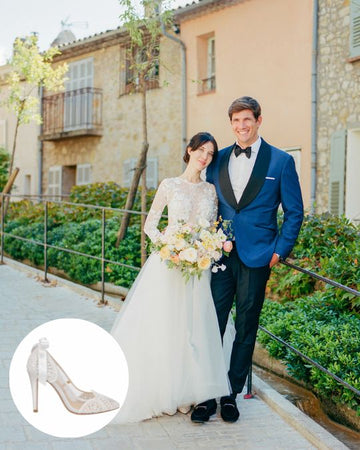 Elyssa paired her elegant wedding gown with Giselle lace bridal pumps. 