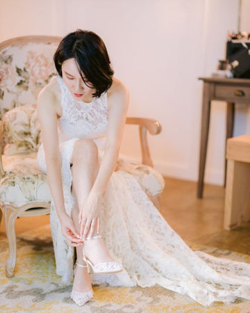 Bella Belle Yu Jia wore Rosa ivory 3D flower bridal low heel shoes.