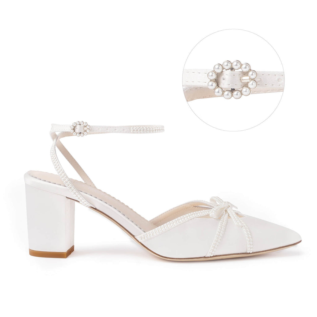 Alexia Wedding Closed Toe Pearl Bow Block Heels Pearl Straps