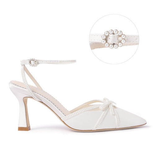 Ivory ALIX heeled sandal with pearl cluster strap ornament and pointed toe