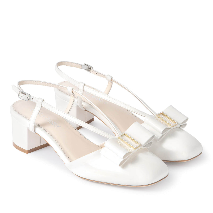Bella Belle Abby Pearl Bow Patent Leather Block Heels
