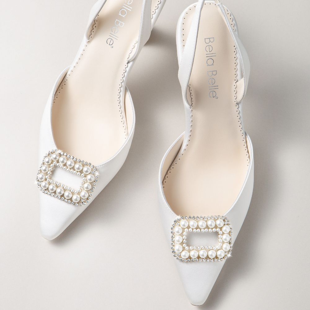 Ivory Spool Heels with an Elegant Brooch of Crystals & Pearls