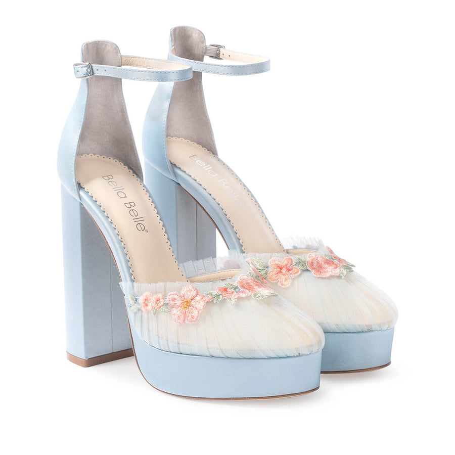Bella Belle Celeste  Pleated Tulle Block Heel Blue Wedding Shoes with Blush Blossom Detailing