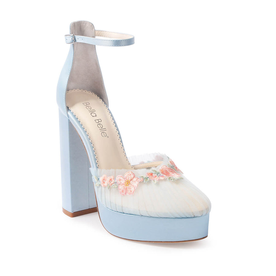 Bella Belle Celeste  Pleated Tulle Block Heel Blue Wedding Shoes with Blush Blossom Detailing