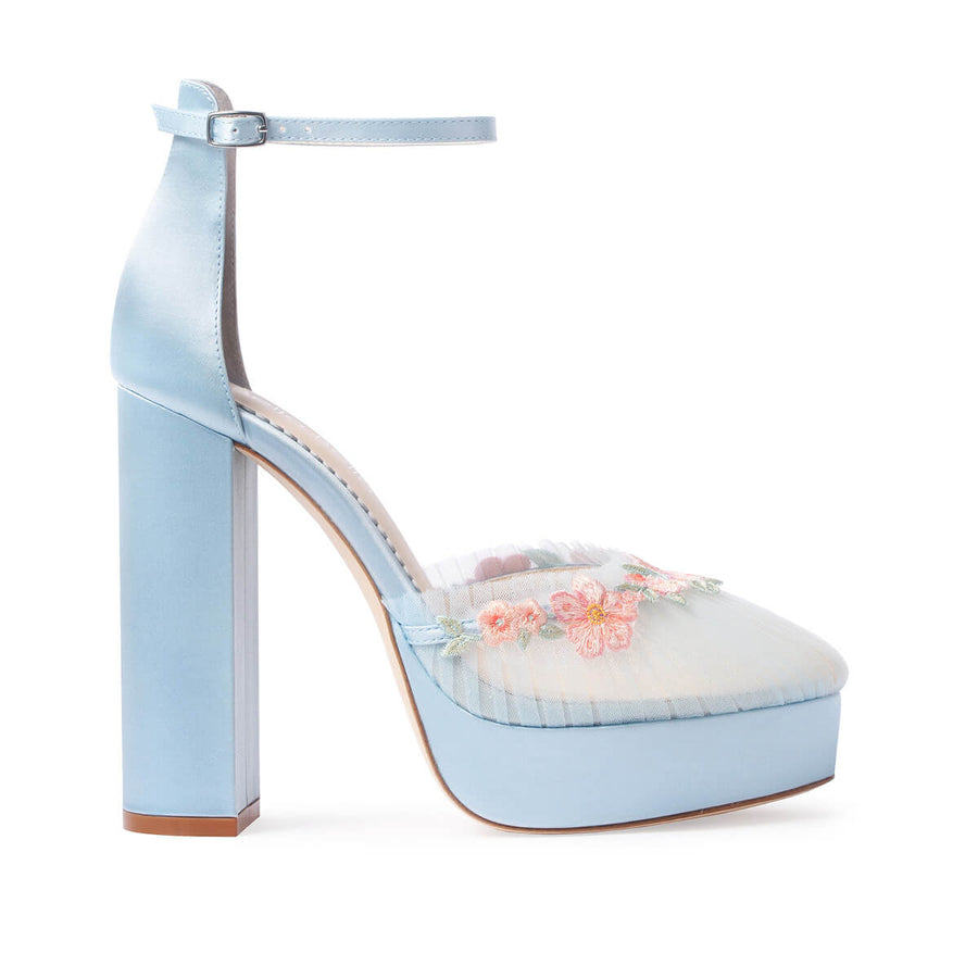 Bella Belle Celeste  Pleated Tulle Block Heel Blue Wedding Shoes with Blush Blossom Detailing