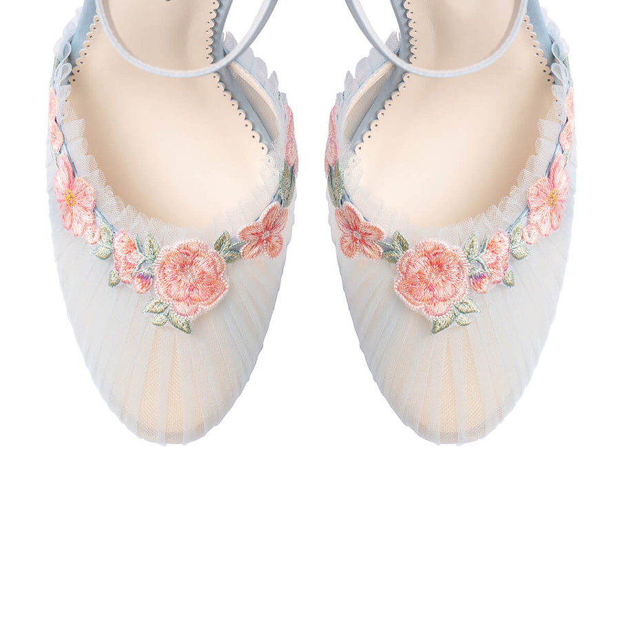 Bella Belle Celeste  Pleated Tulle Block Heel Blue Wedding Shoes with Blush Blossom Detailing