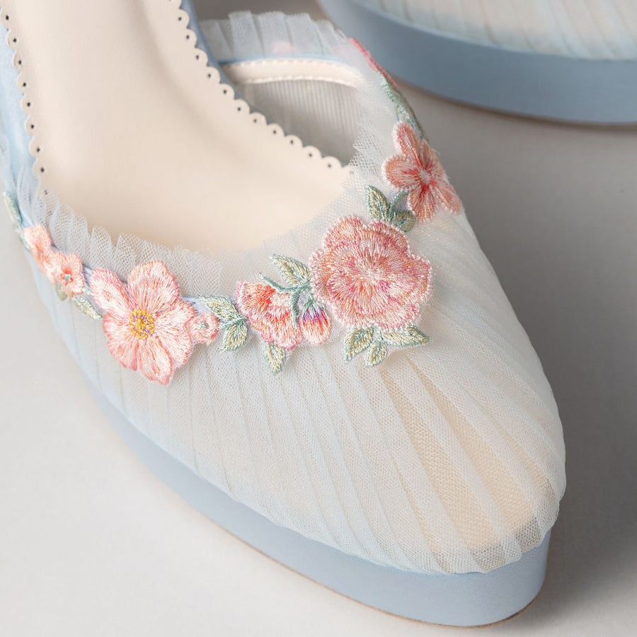 Bella Belle Celeste  Pleated Tulle Block Heel Blue Wedding Shoes with Blush Blossom Detailing