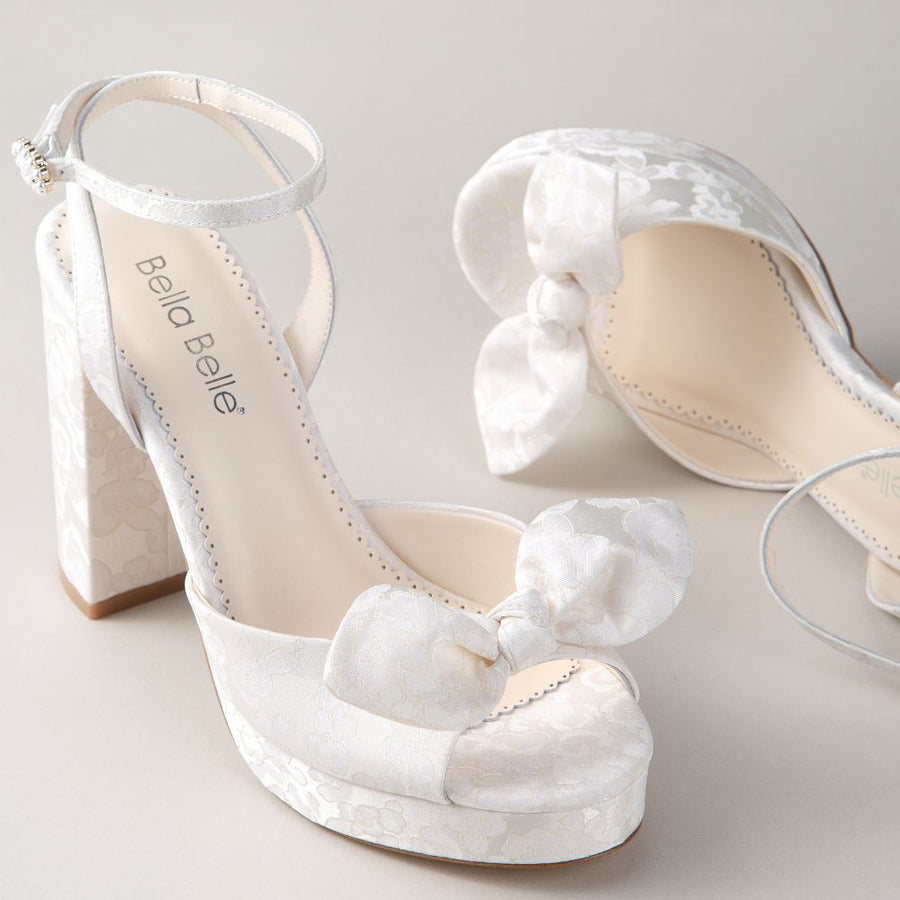 Bella Belle Colette Open Toe Jacquard Ivory Platform Block Heels With Bow