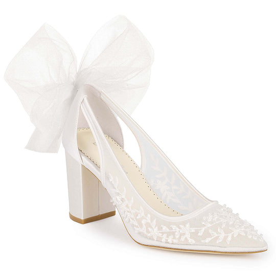 Bridal Slingback Block Heels: Removable Bows Ankle Straps