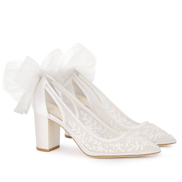 Bridal Slingback Block Heels: Removable Bows Ankle Straps