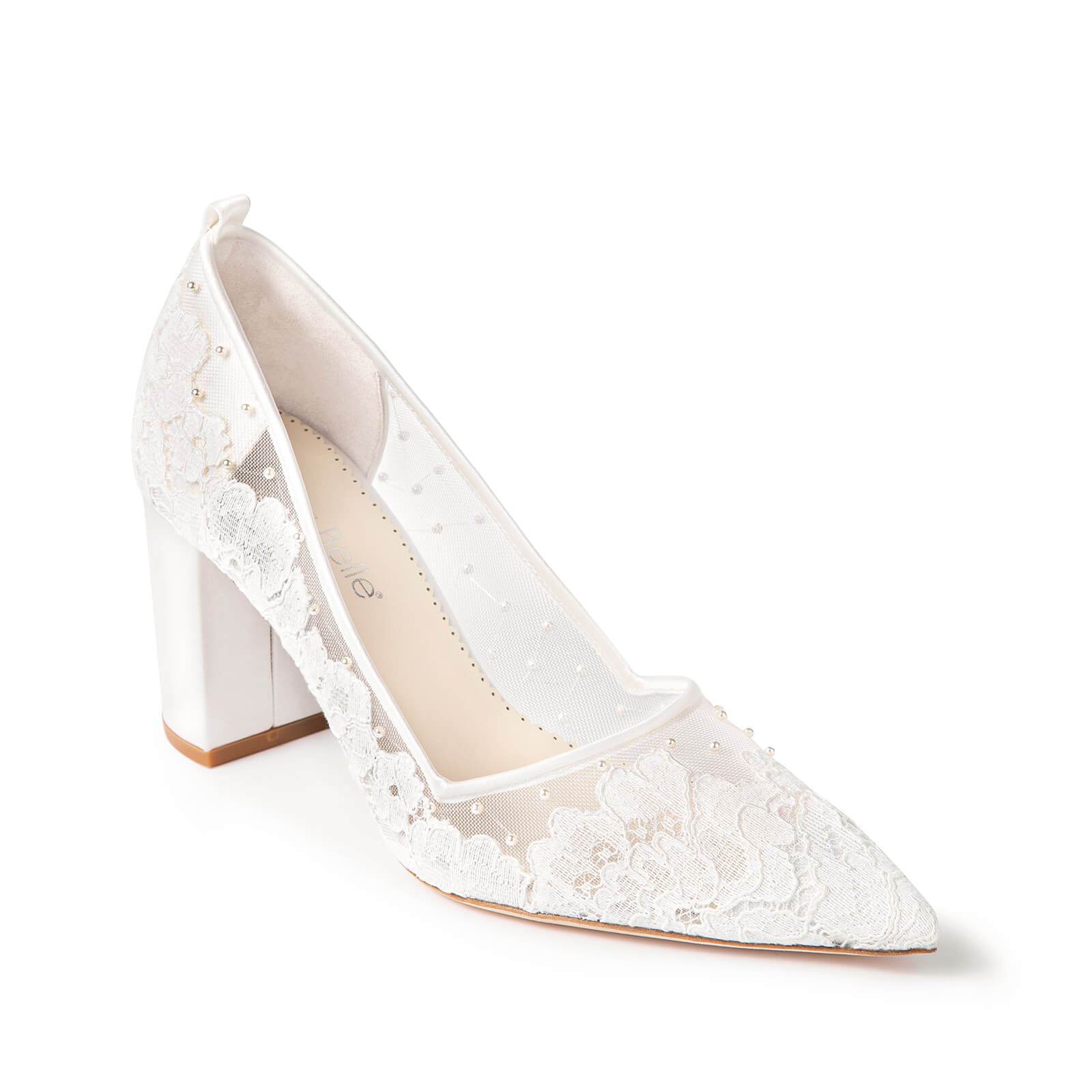 Margot Lace Pearl Bridal Block Heels | Bella Belle