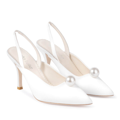 Pair of ivory pointed-toe slingback heels with twin pearl ornaments and stiletto heels