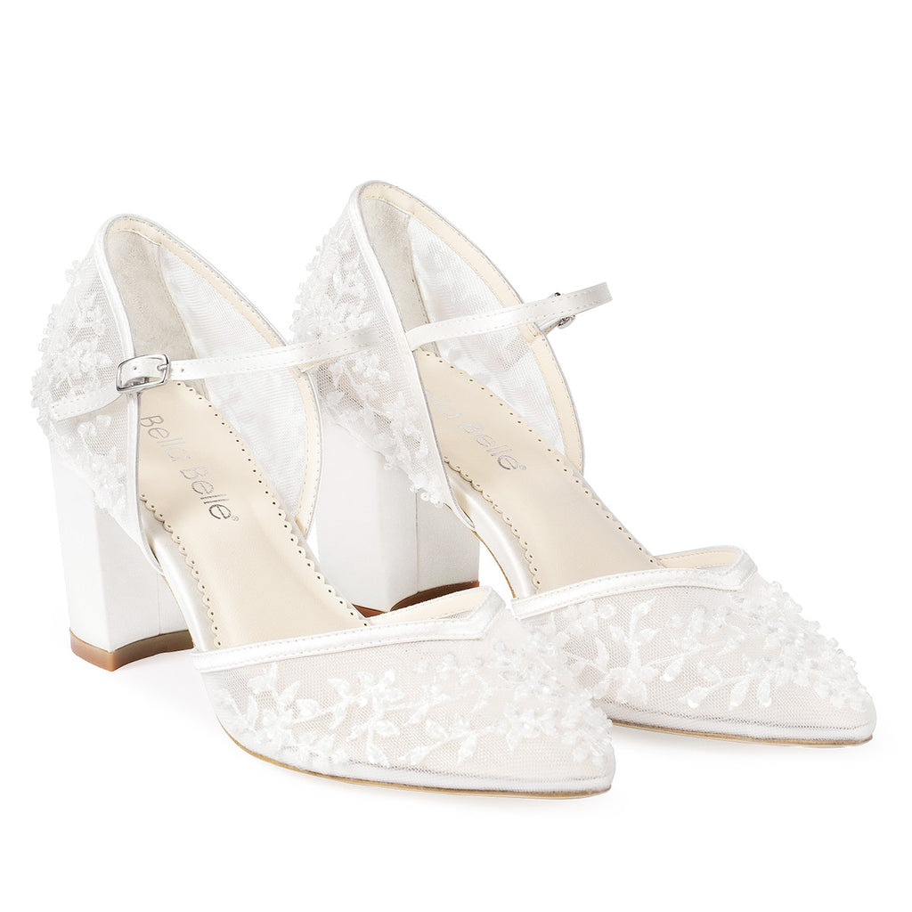 Carla Wedding Floral Beaded Lace DOrsay Block Heels