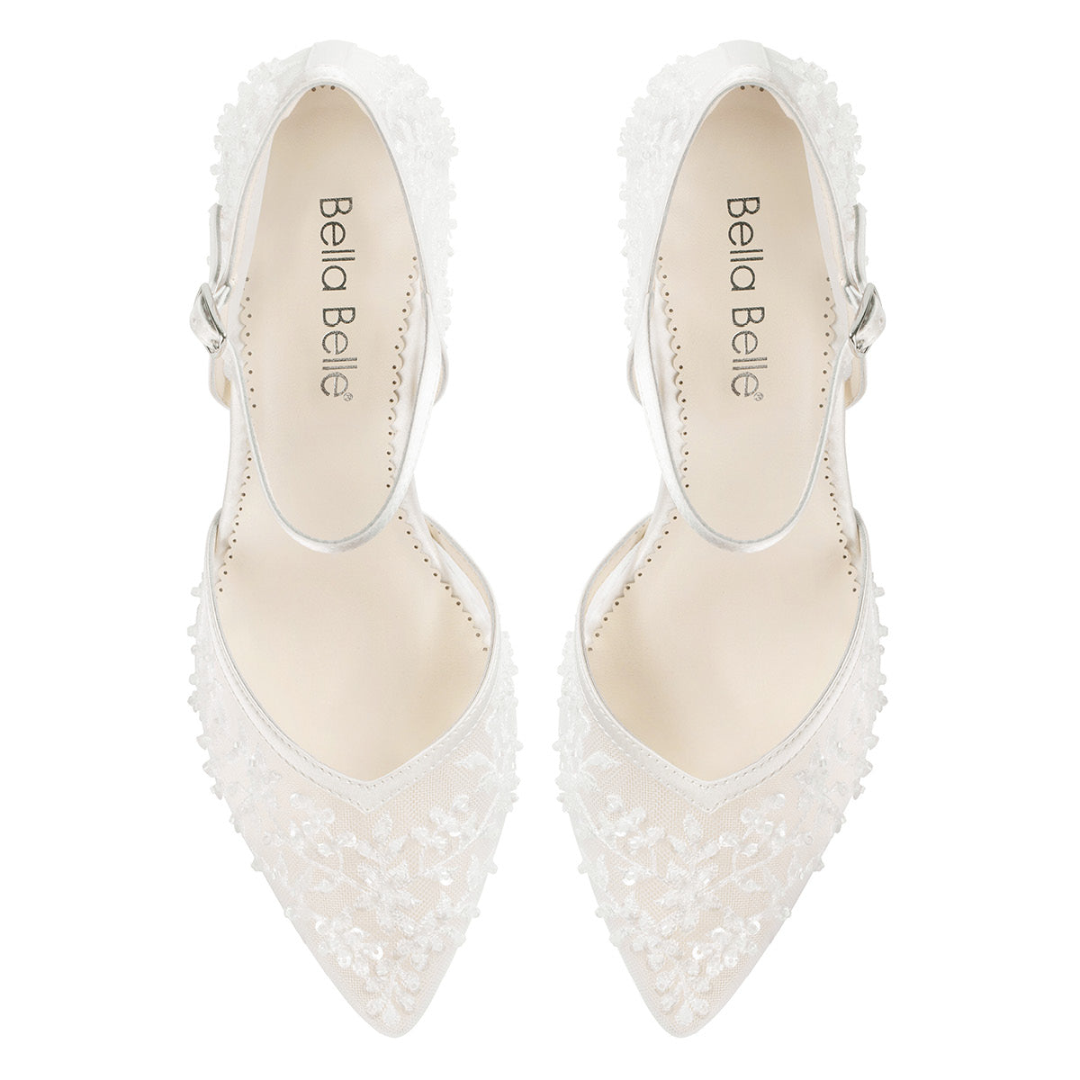 【rrr】Bella Belle ビーズ装飾 フラットシューズ Floral Beaded Lace D'Orsay Block Heels with Ankle Strap