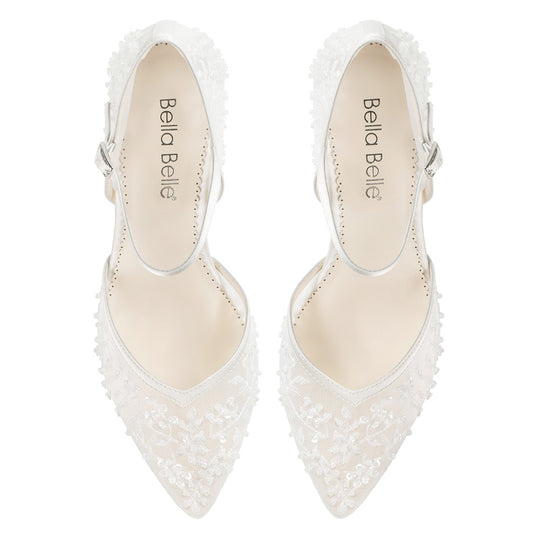 Floral Beaded Lace D'Orsay Block Heels with Ankle Strap