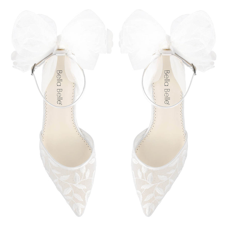 Bella Belle Shoes Joelle Lace Embroidered 2 Inch Block Heels with Tulle Bow