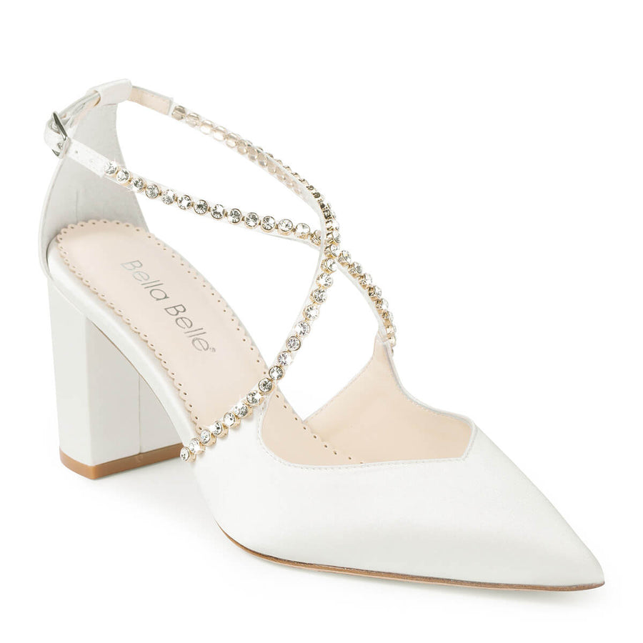 Bella Belle Shoes Massie Ivory Block Heel With Criss Cross Crystal Straps