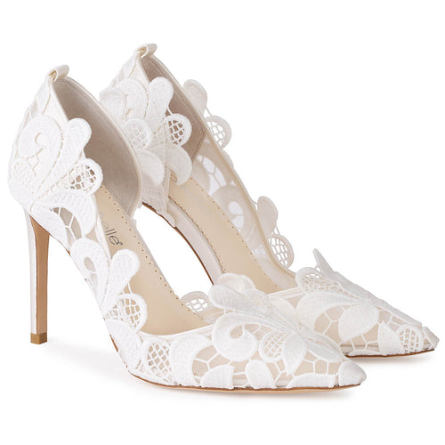 Ivory lace high-heel pump with open toe and floral cutout pattern