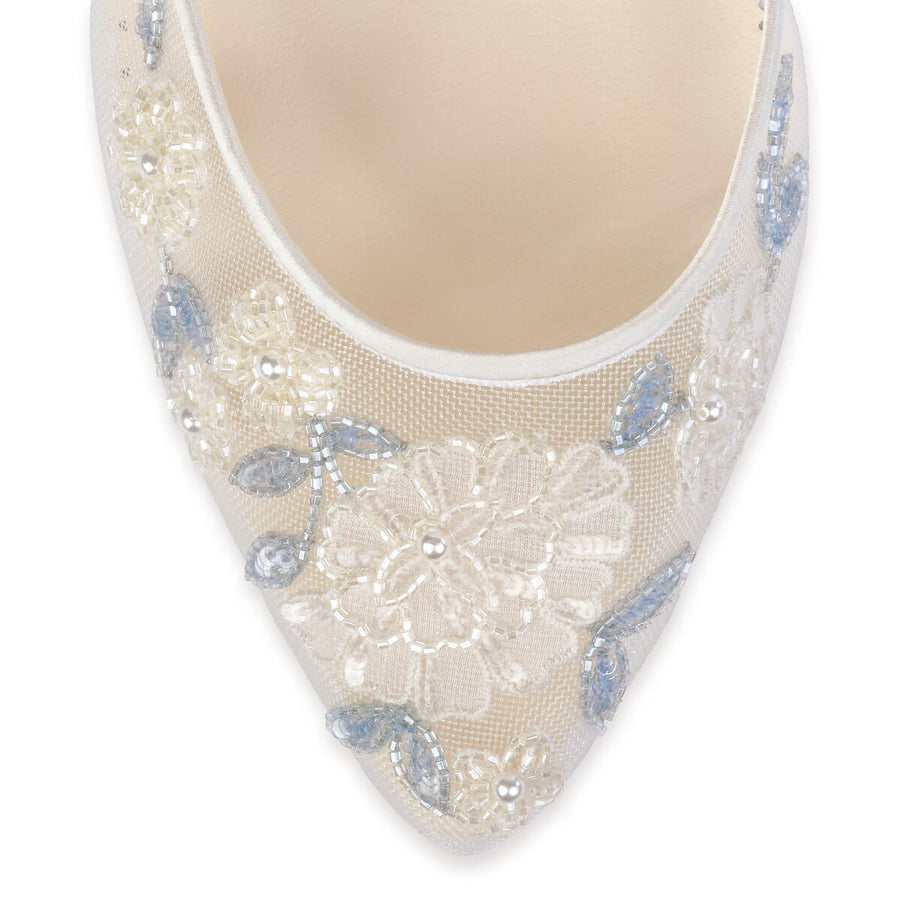 Bella Belle Shoes Vivian Baby Blue Floral Lace Ivory Wedding Block Heel