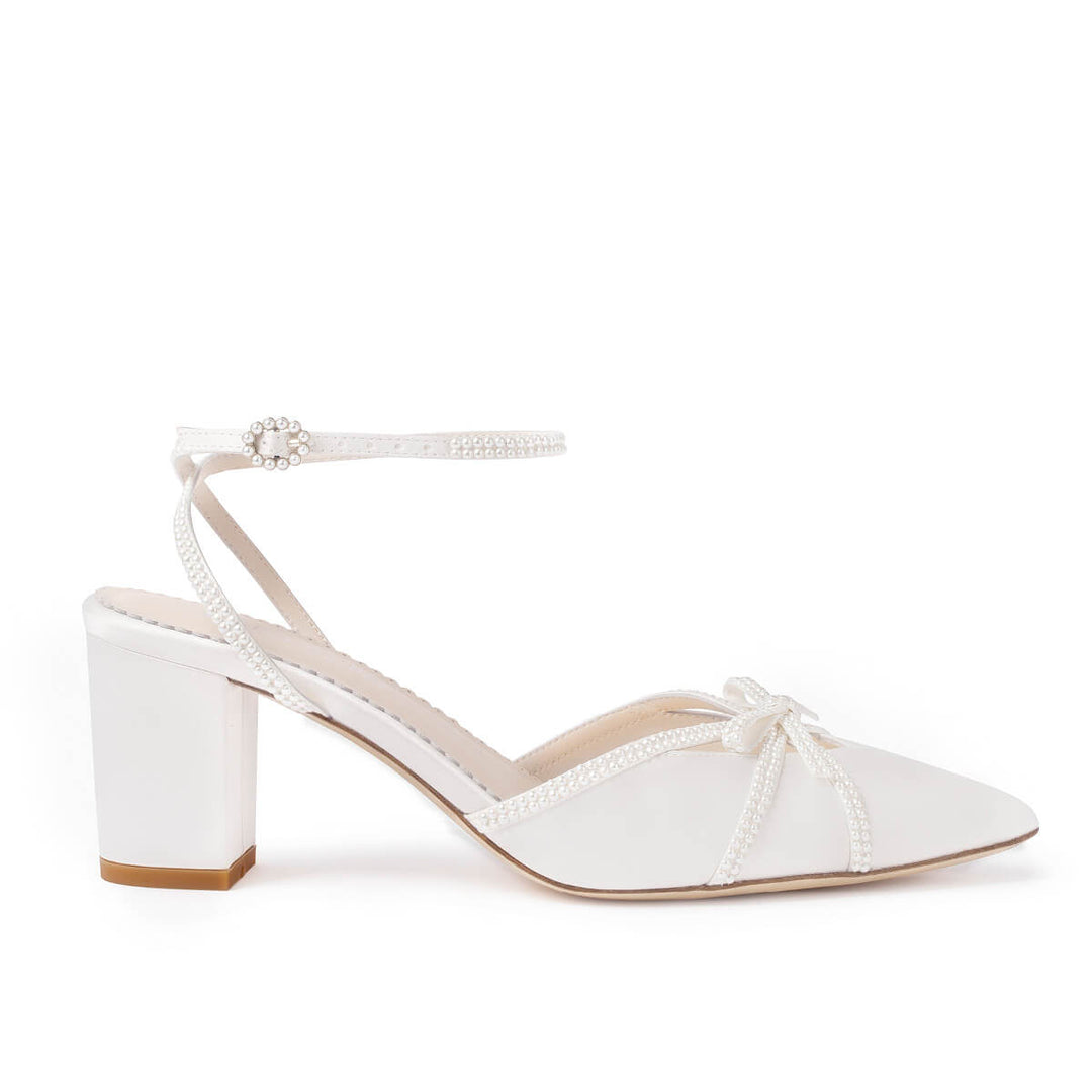 Bella Belle Alexia Closed Toe Pearl Bow Block Heels with Pearl Straps.