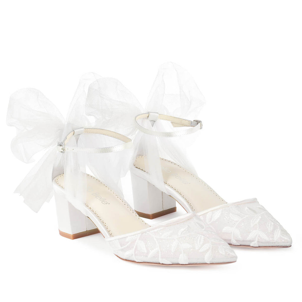 Joelle Wedding Floral Lace Tulle Bow 2 Inch Block Heel Wedding Ankle Straps