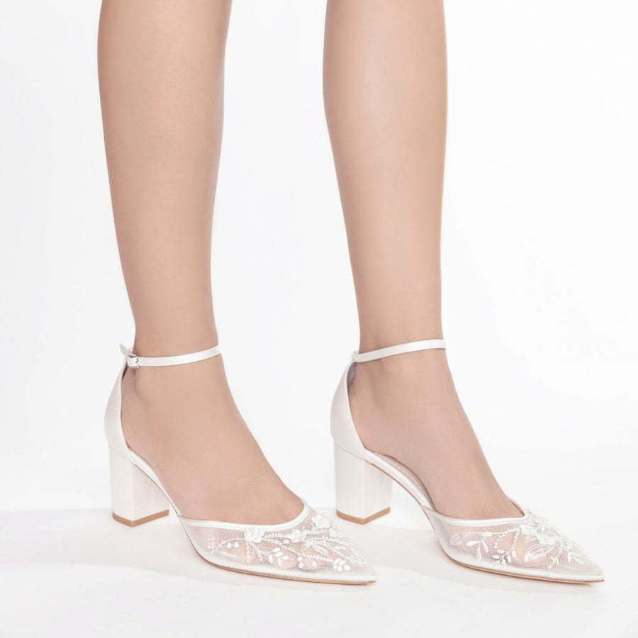 Bella Belle Thea Floral Illusion Mesh Closed Toe Block Heels